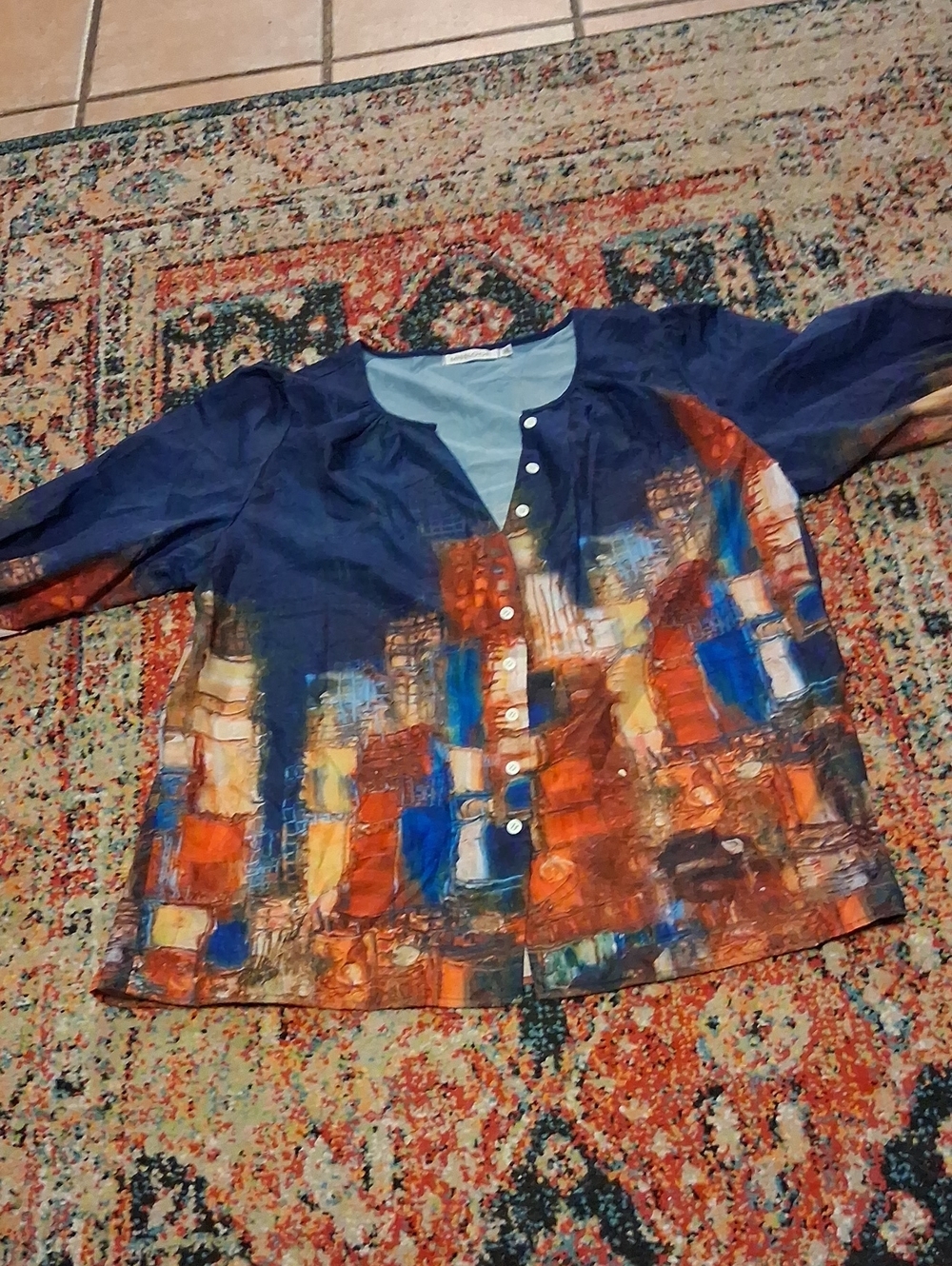 MISSLOOK Girls' Button-Front Art Print Top in Navy & Multicolor